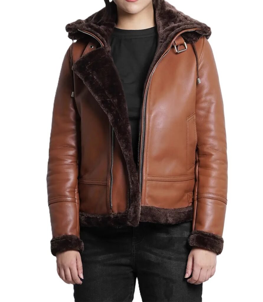 Womens Cognac Brown Bomber Leather Jacket with Shearling Hood 1