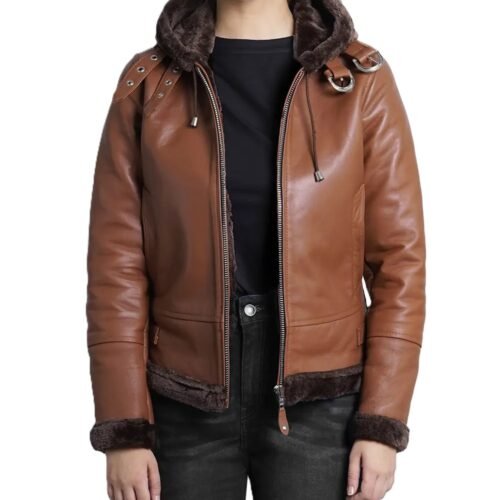 Womens Cognac Brown Leather Aviator Jacket with Hood 1