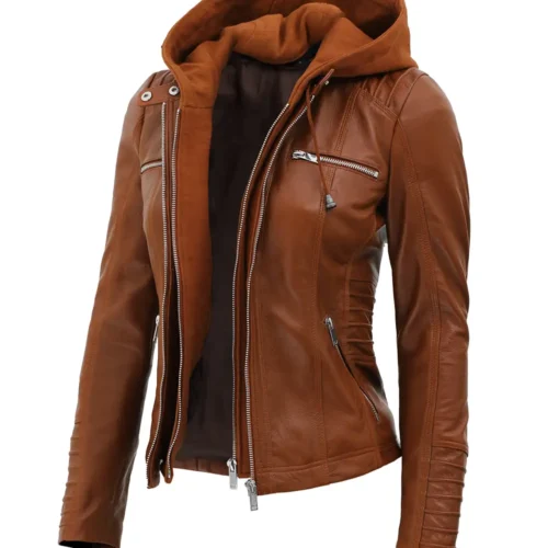 Womens Cognac Brown Slim Fit Removable Hooded Leather Jacket 1