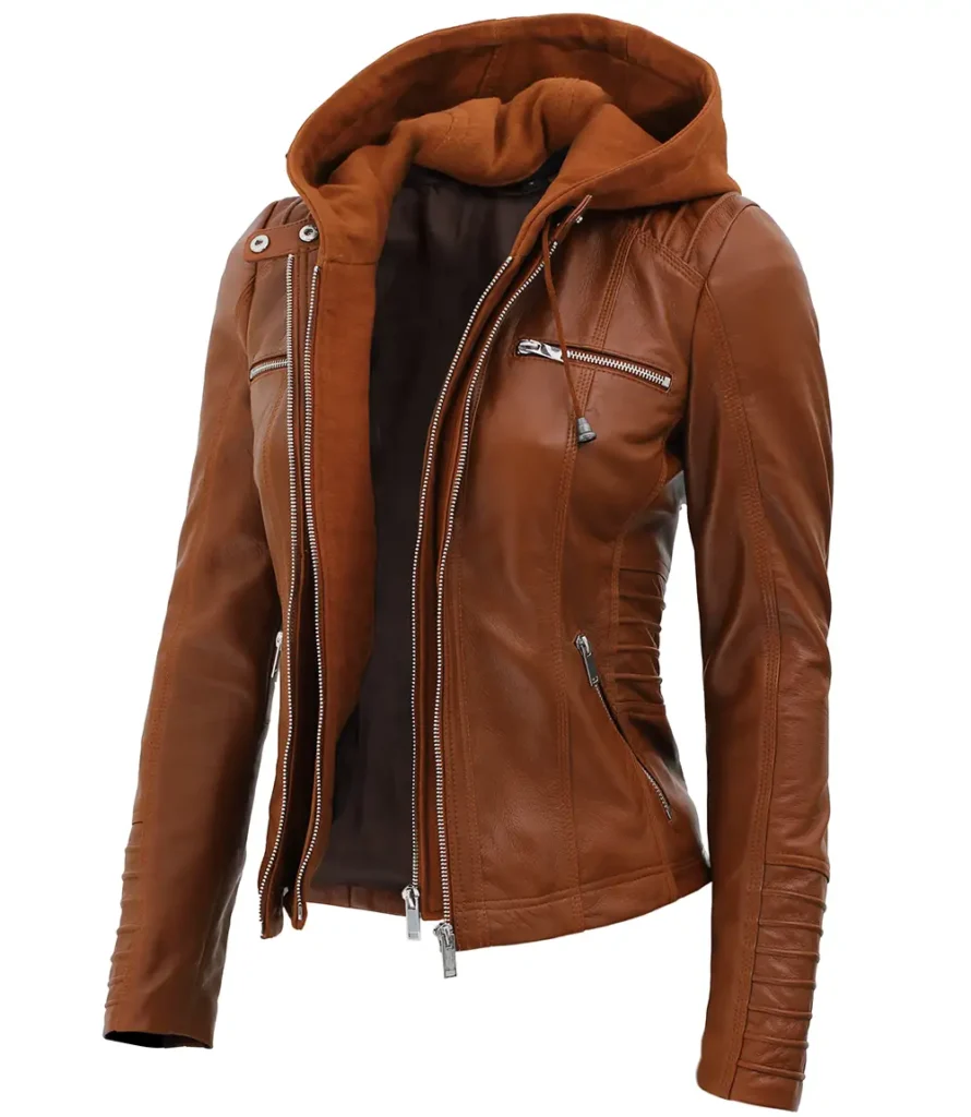 Womens Cognac Brown Slim Fit Removable Hooded Leather Jacket 1