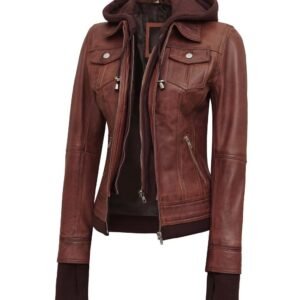 Women's Dark Brown Bomber Leather Jacket with Removable Hood