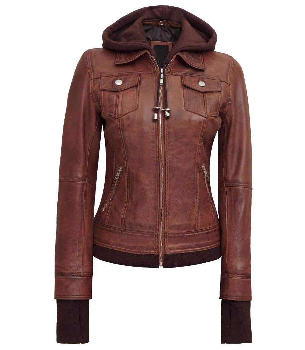 Womens Dark Brown Bomber Leather Jacket with Removable Hood 4