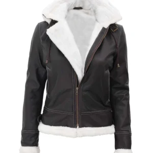 Women's Dark Brown Bomber Leather Jacket with Shearling Hood