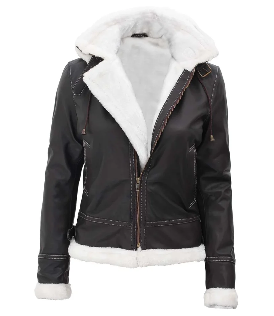 Womens Dark Brown Bomber Leather Jacket with Shearling Hood 1