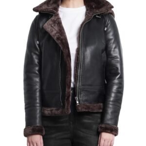 Women's Dark Brown Bomber Shearling Hooded Leather Jacket