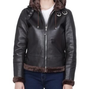 Women's Dark Brown Leather Aviator Shearling Jacket With Hood