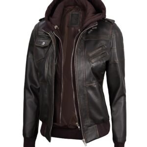 Women's Dark Brown Rub Off Bomber Hooded Leather Jacket