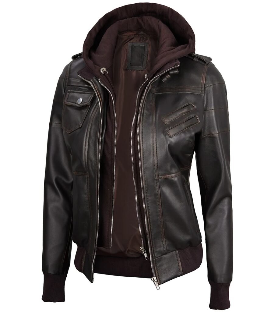 Womens Dark Brown Rub Off Bomber Hooded Leather Jacket 1