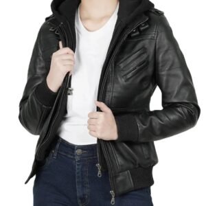 Women's Edinburgh Black Bomber Leather Jacket with Removable Hood