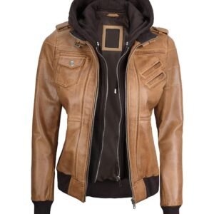 Women's Edinburgh Camel Brown Bomber Leather Jacket with Removable Hood