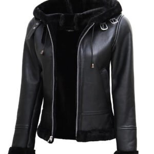 Women's Grace Black Leather Hooded Shearling Jacket