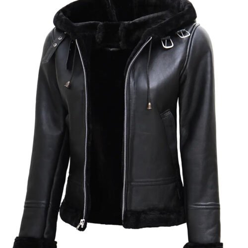 Womens Grace Black Leather Hooded Shearling Jacket 1