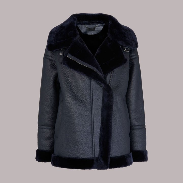 Womens Lauren Sheepskin Leather Dark Blue Shearling Jacket 1