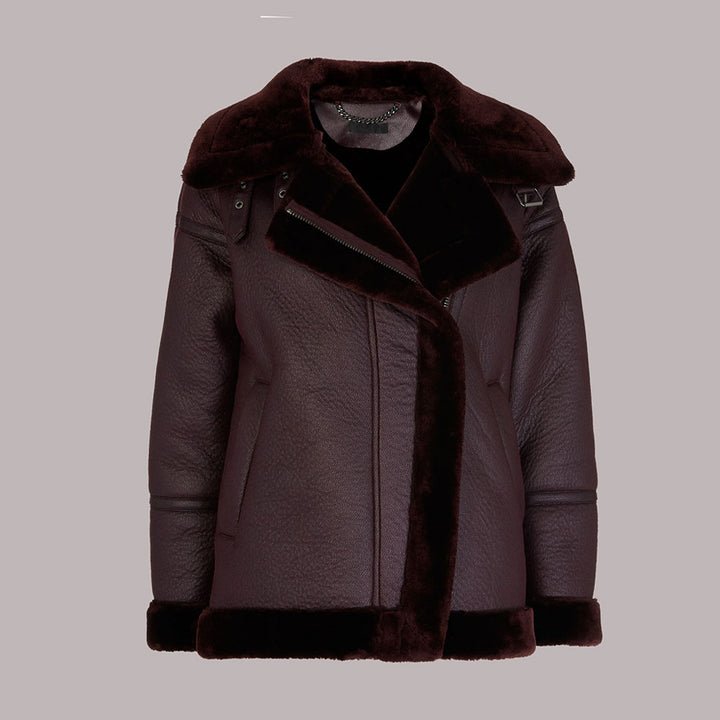 Womens Lauren Sheepskin Leather Maroon Shearling Jacket 1