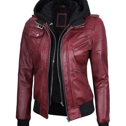 Womens Maroon Bomber Hooded Leather Jacket 1