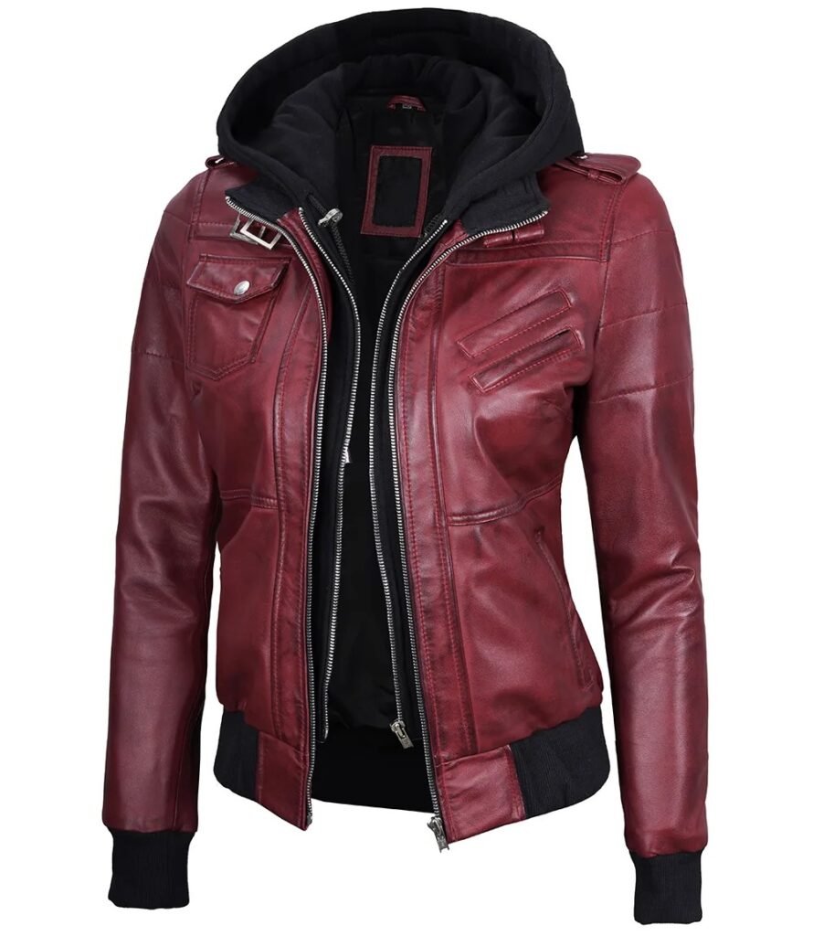 Womens Maroon Bomber Hooded Leather Jacket 1