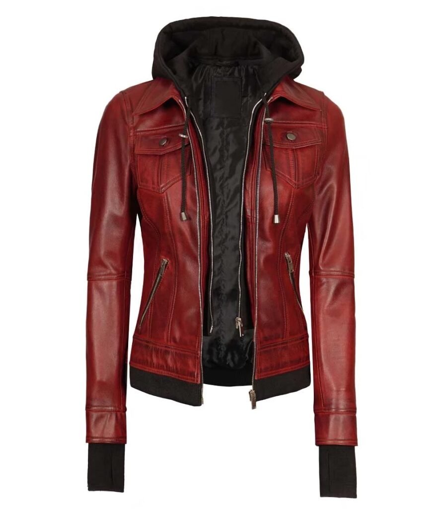 Womens Maroon Bomber Leather Jacket With Removable Hood 1