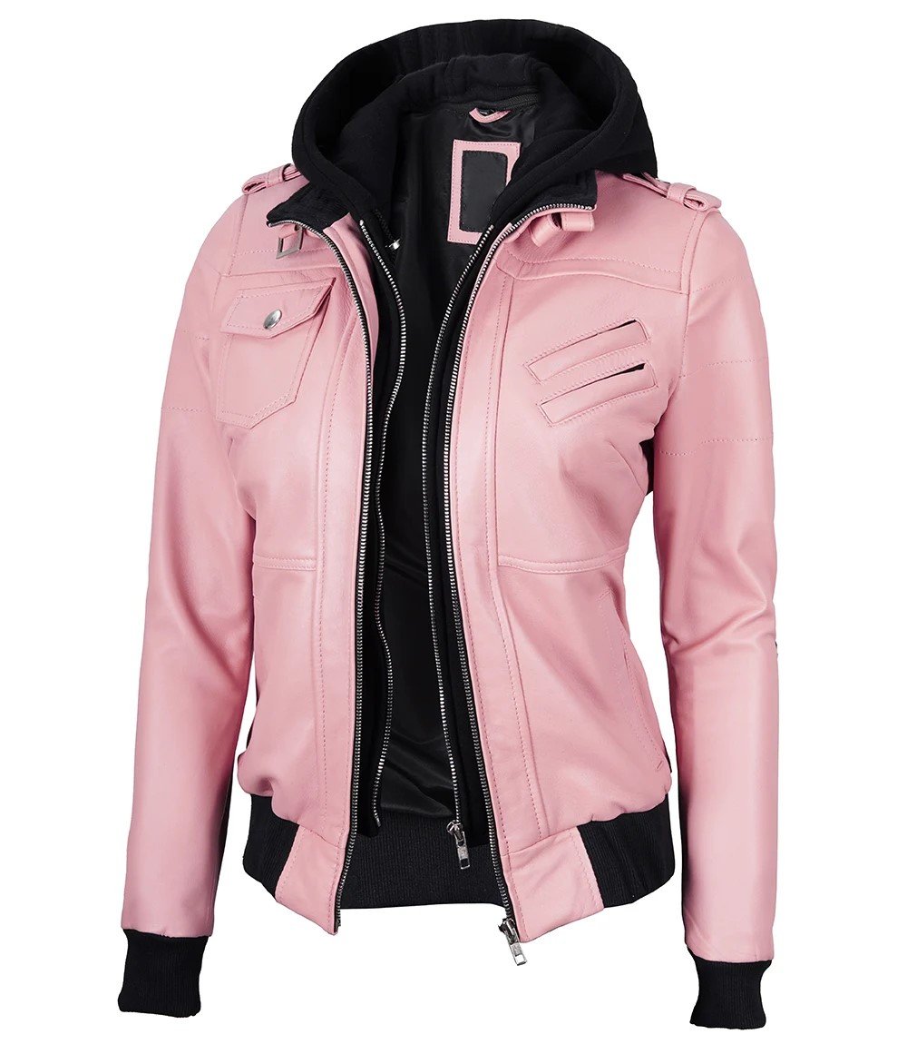 Womens Pink Rub Off Bomber Hooded Leather Jacket