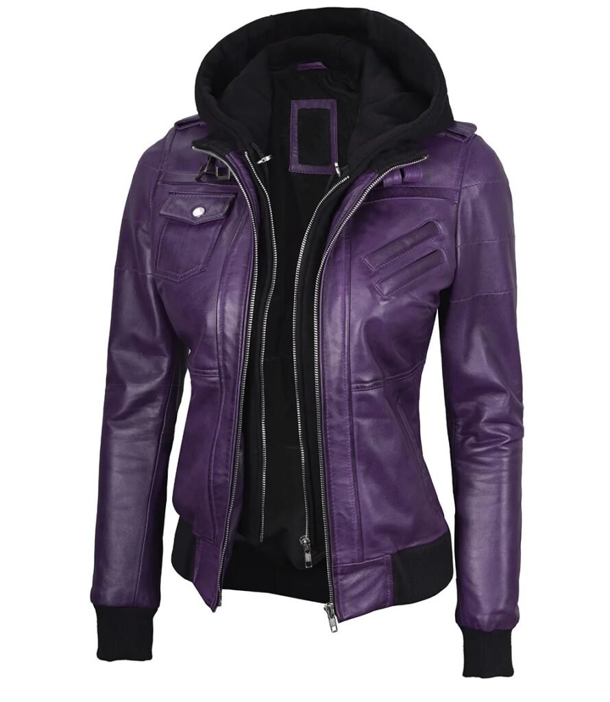 Womens Purple Rub Off Bomber Hooded Leather Jacket 1