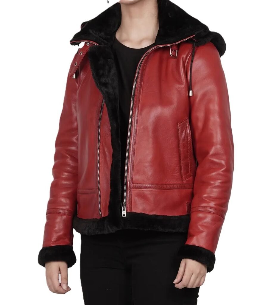 Womens Red Bomber Shearling Hooded Leather Jacket 1