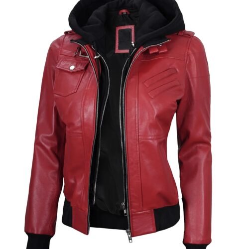 Womens Red Rub Off Bomber Hooded Leather Jacket 1