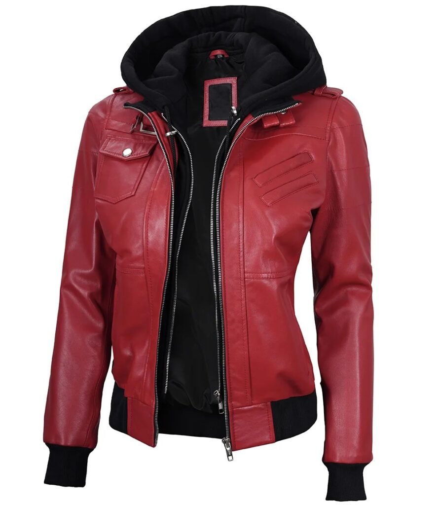 Womens Red Rub Off Bomber Hooded Leather Jacket 1