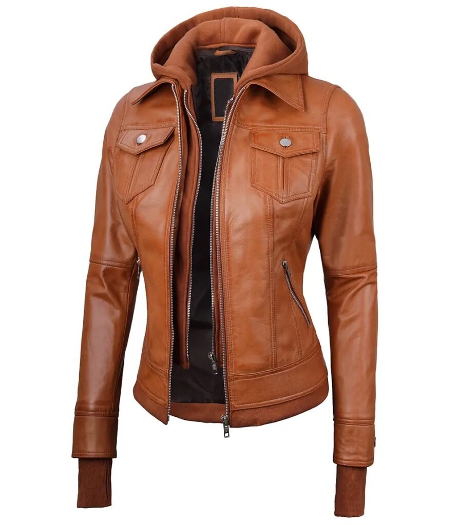 Womens Tan Wax Bomber Leather Jacket With Removable Hood 1