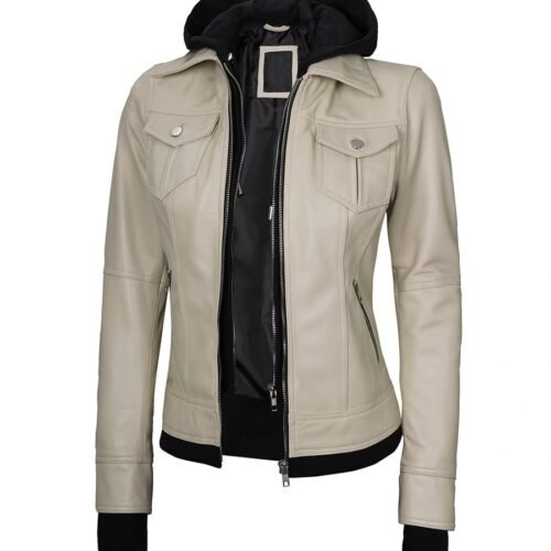 Womens Tralee Beige Motorcycle Leather Jacket With Removable Hood 1