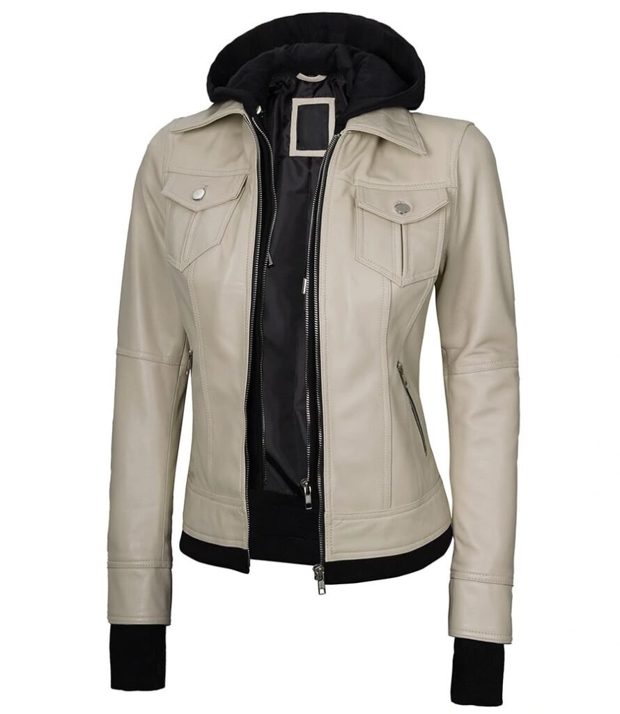 Womens Tralee Beige Motorcycle Leather Jacket With Removable Hood 1