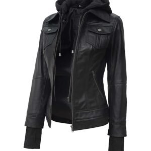 Women's Tralee Black Bomber Removable Hooded Leather Jacket