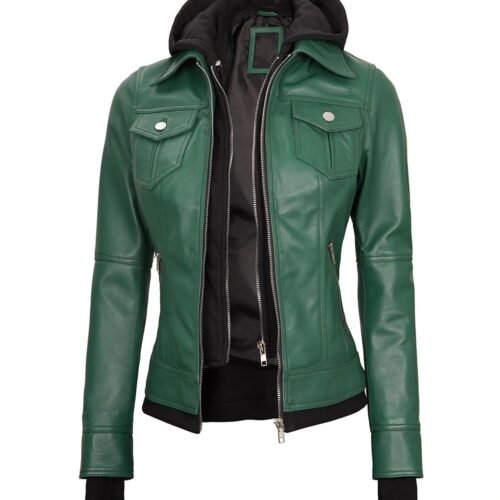 Womens Tralee Green Bomber Leather Jacket With Removable Hood 1