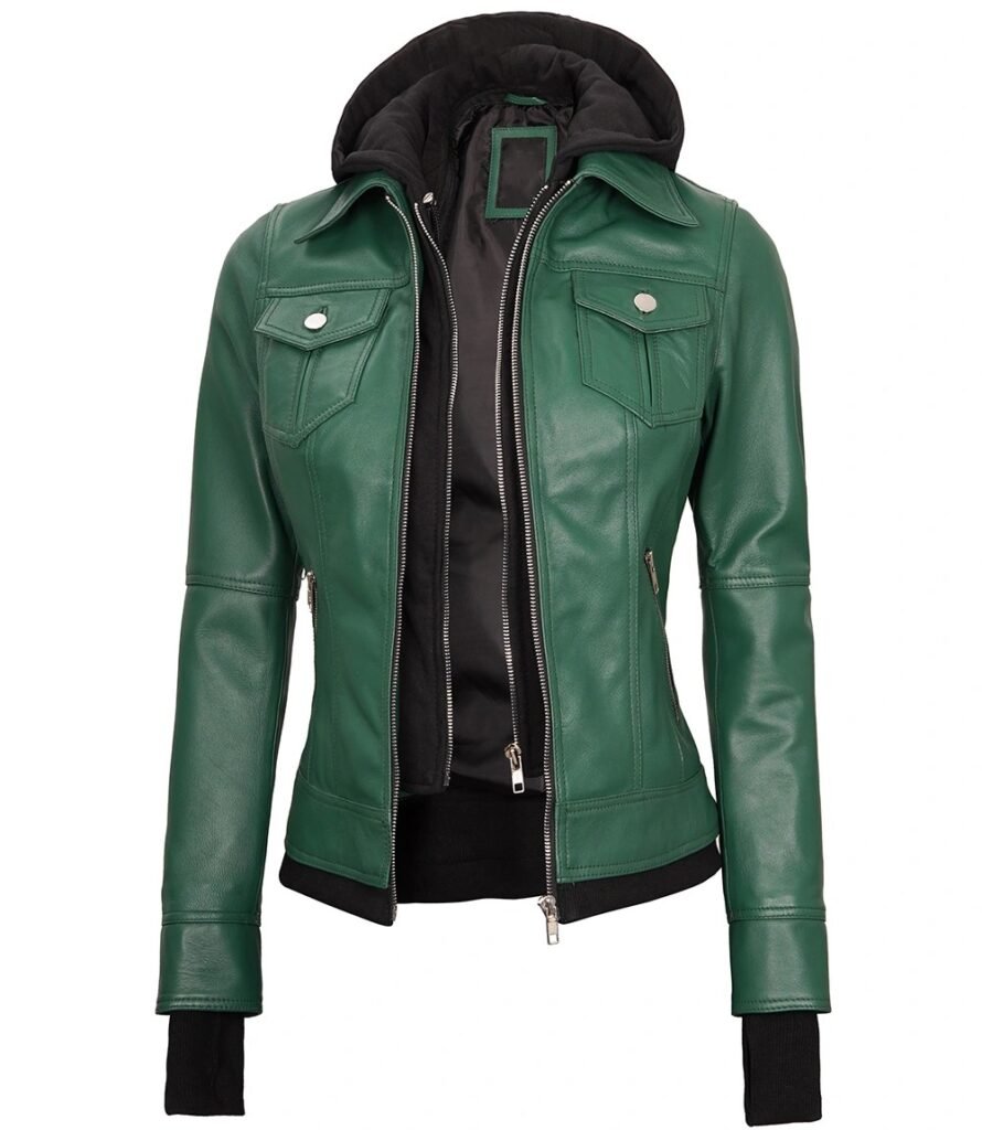 Womens Tralee Green Bomber Leather Jacket With Removable Hood 1