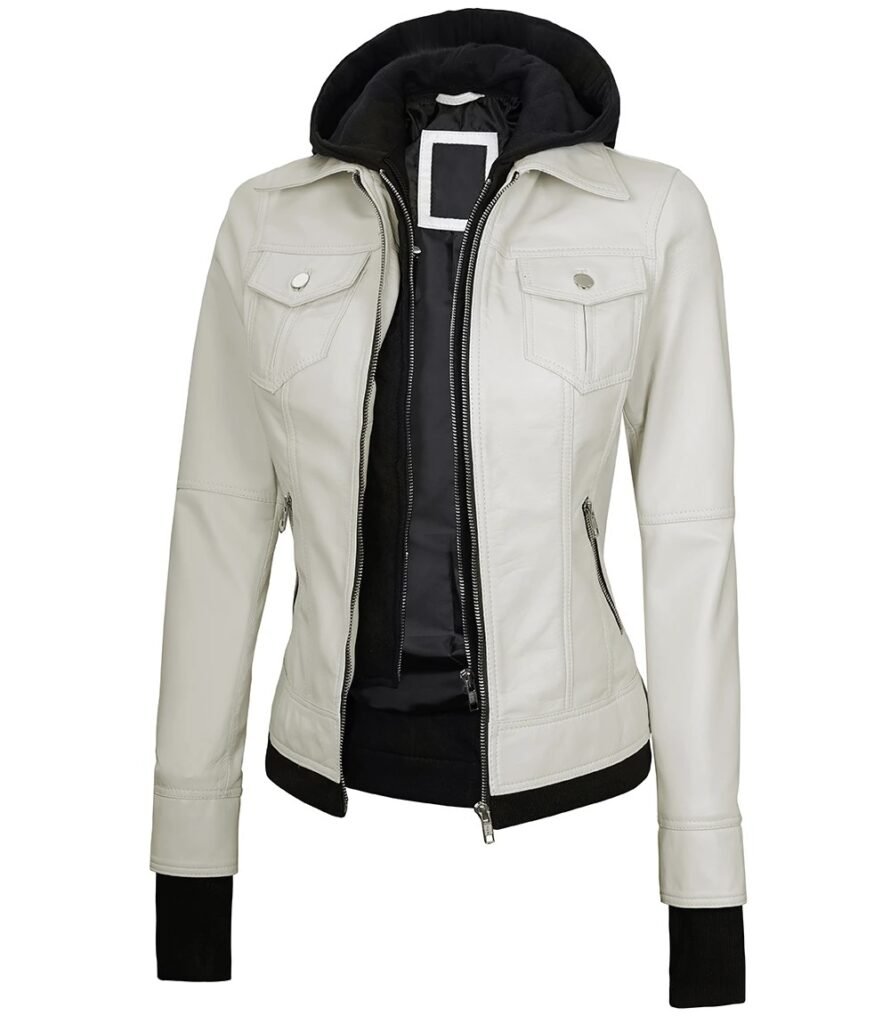 Womens Tralee Off White Bomber Leather Jacket With Removable Hood 1