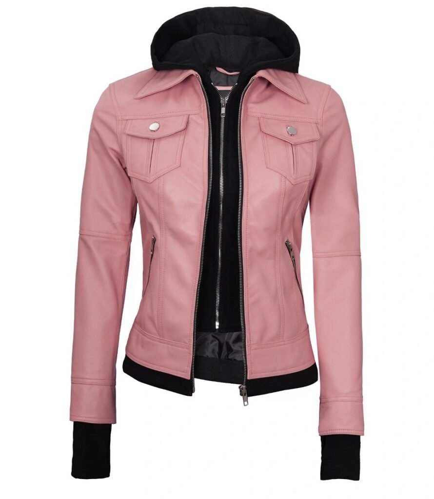 Womens Tralee Pink Bomber Leather Jacket With Removable Hood 1